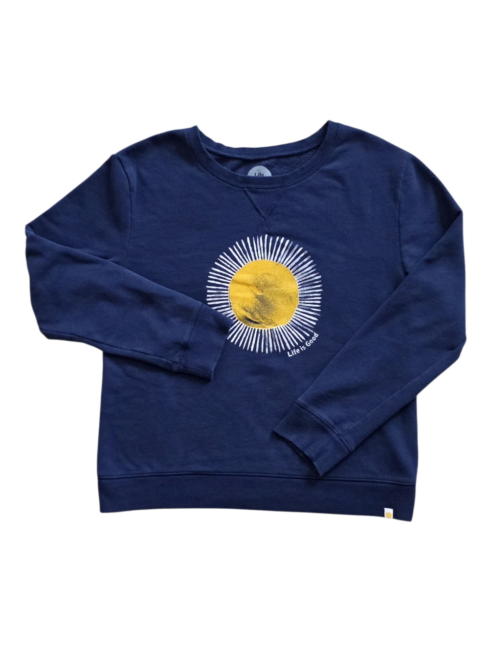 Life Is Good Small Navy Blue Sun Graphic Crewneck Casual Cozy Sweatshirt